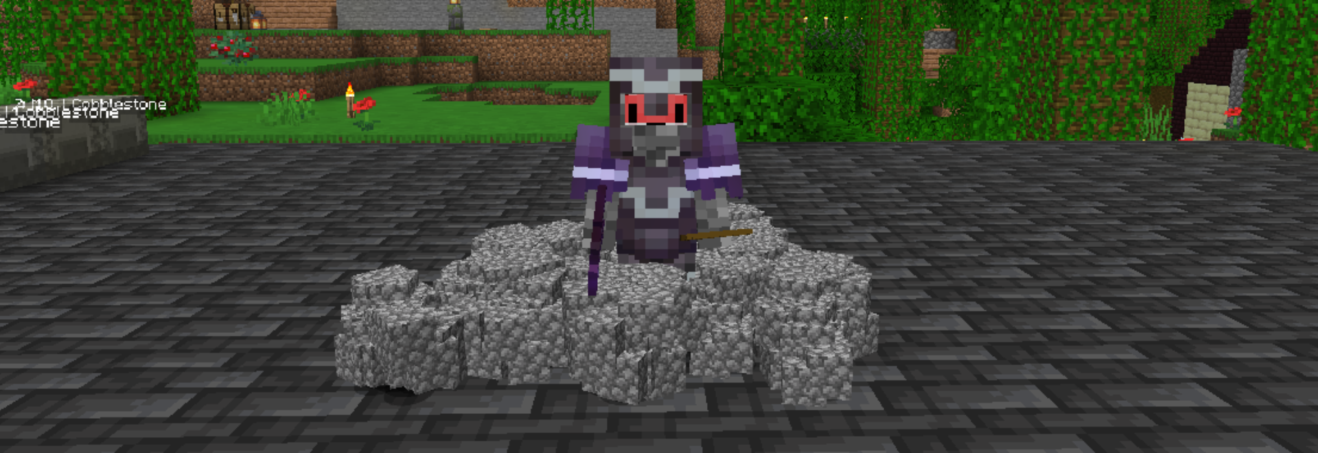 A Minecraft player standing amongst a huge pile of cobblestone.